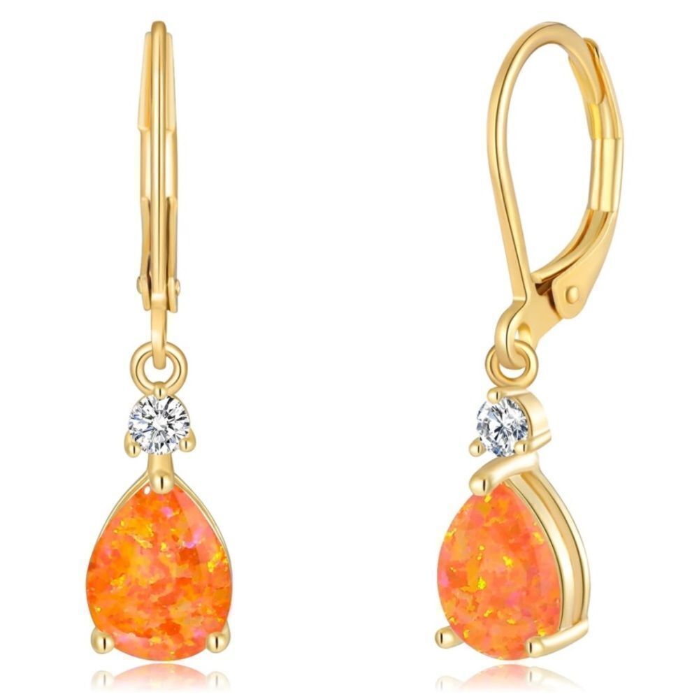 14K Yellow Gold with Genuine Orange Fire Opal and CZ Teardrop Leverback Earrings